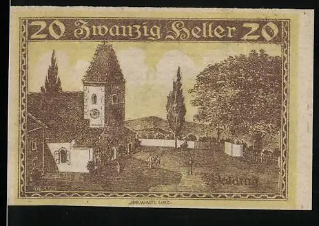 Notgeld Walding 1920, 20 Heller, ländliche Szene mit Kirche und Bäumen