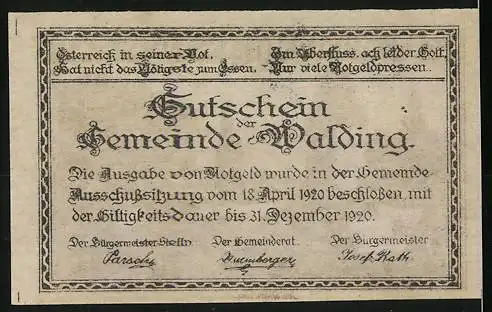 Notgeld Walding 1920, 20 Heller, ländliche Szene mit Kirche und Bäumen