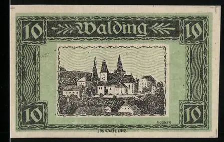 Notgeld Walding 1920, 10 Heller, Stadtansicht mit Kirche und Gebäuden