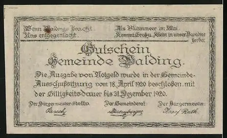 Notgeld Walding 1920, 10 Heller, Stadtansicht mit Kirche und Gebäuden