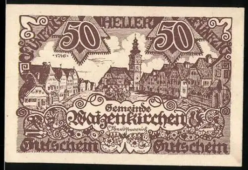 Notgeld Waizenkirchen 1920, 50 Heller, Stadtansicht und Text mit Wappen und Signatur