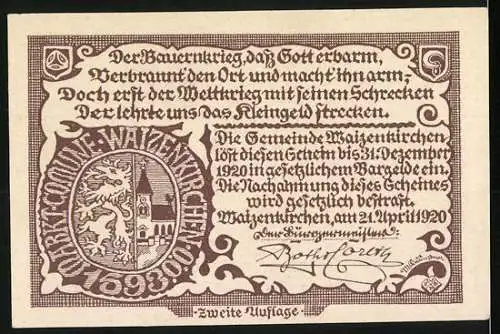 Notgeld Waizenkirchen 1920, 50 Heller, Stadtansicht und Text mit Wappen und Signatur