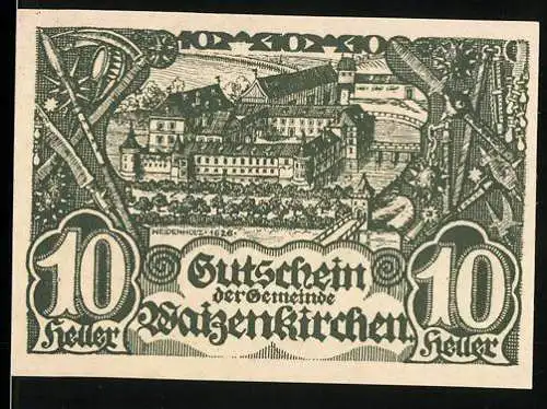 Notgeld Waizenkirchen 1920, 10 Heller, Schlossansicht und Wappen mit Löwe und Turm