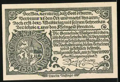 Notgeld Waizenkirchen 1920, 10 Heller, Schlossansicht und Wappen mit Löwe und Turm