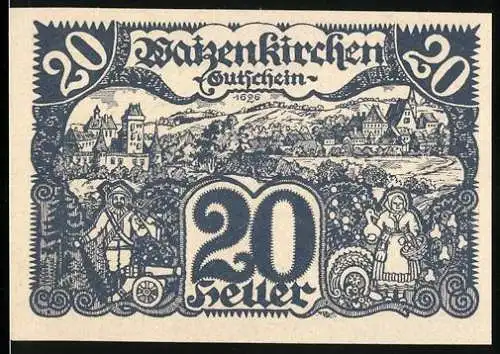 Notgeld Waizenkirchen 1920, 20 Heller, Dorflandschaft und bäuerliche Figuren, Wappen mit Löwe und Kirchturm