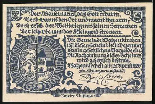 Notgeld Waizenkirchen 1920, 20 Heller, Dorflandschaft und bäuerliche Figuren, Wappen mit Löwe und Kirchturm