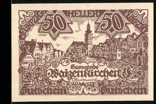 Notgeld Waizenkirchen 1920, 50 Heller, Stadtansicht und Wappen mit Löwe und Turm