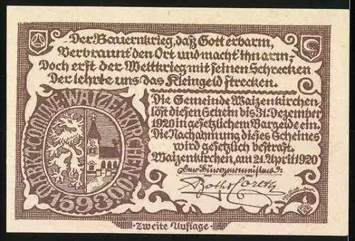 Notgeld Waizenkirchen 1920, 50 Heller, Stadtansicht und Wappen mit Löwe und Turm