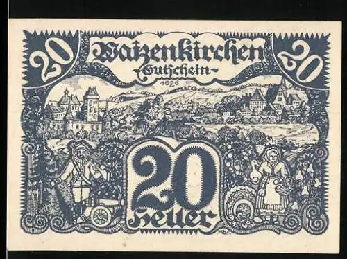 Notgeld Waizenkirchen 1920, 20 Heller, Stadtansicht mit Trachtenpaar und Wappen, zweite Auflage