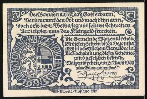 Notgeld Waizenkirchen 1920, 20 Heller, Stadtansicht mit Trachtenpaar und Wappen, zweite Auflage