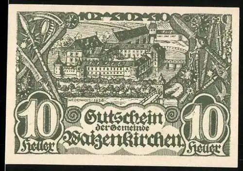 Notgeld Waizenkirchen 1920, 10 Heller, Schlossansicht und Wappen, zweite Auflage