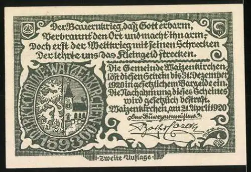 Notgeld Waizenkirchen 1920, 10 Heller, Schlossansicht und Wappen, zweite Auflage