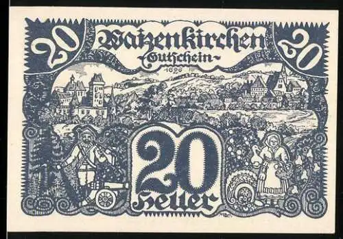 Notgeld Waizenkirchen 1920, 20 Heller, Landschaftsansicht und Wappen mit Löwe und Turm