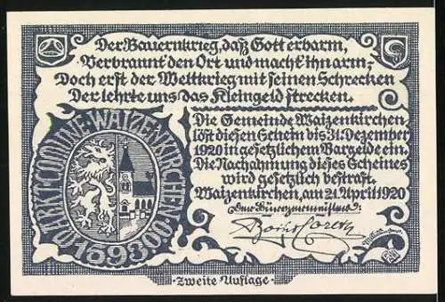 Notgeld Waizenkirchen 1920, 20 Heller, Landschaftsansicht und Wappen mit Löwe und Turm