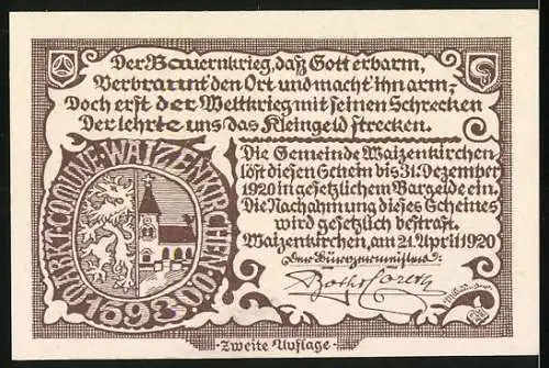 Notgeld Waizenkirchen 1920, 50 Heller, Ortsansicht und Wappen mit Löwe und Turm