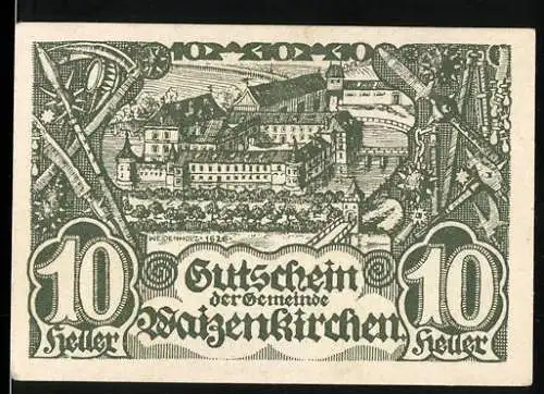 Notgeld Waizenkirchen 1920, 10 Heller, Burgansicht und Wappen, zweite Auflage