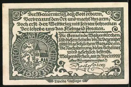 Notgeld Waizenkirchen 1920, 10 Heller, Burgansicht und Wappen, zweite Auflage