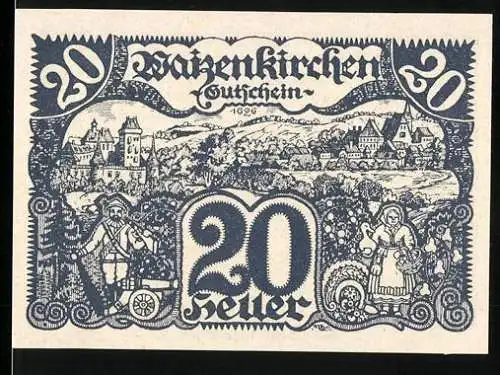 Notgeld Waizenkirchen 1920, 20 Heller, Dorfszene mit Figuren und Wappen, Zweite Auflage