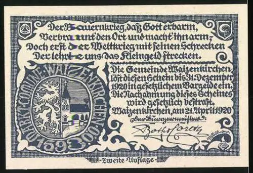 Notgeld Waizenkirchen 1920, 20 Heller, Dorfszene mit Figuren und Wappen, Zweite Auflage