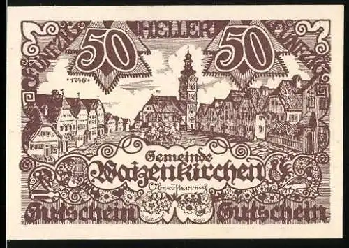 Notgeld Waizenkirchen 1920, 50 Heller, Stadtansicht und Wappen mit Löwe, zweite Auflage, Seriennummer *476