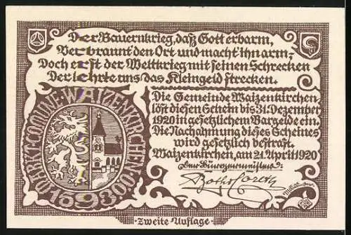 Notgeld Waizenkirchen 1920, 50 Heller, Stadtansicht und Wappen mit Löwe, zweite Auflage, Seriennummer *476