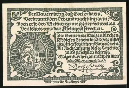 Notgeld Waizenkirchen 1920, 10 Heller, Burgansicht und Wappen der Gemeinde