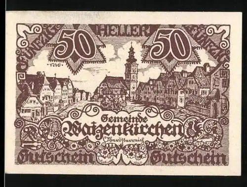 Notgeld Waizenkirchen 1920, 50 Heller, Stadtansicht und Wappen mit Kirchenmotiv