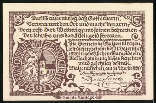 Notgeld Waizenkirchen 1920, 50 Heller, Stadtansicht und Wappen mit Kirchenmotiv
