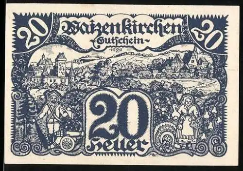 Notgeld Waizenkirchen 1920, 20 Heller, Dorflandschaft und Wappen mit Löwe und Kirche