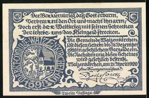 Notgeld Waizenkirchen 1920, 20 Heller, Dorflandschaft und Wappen mit Löwe und Kirche