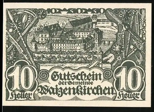 Notgeld Waizenkirchen 1920, 10 Heller, Burgansicht und Wappen, zweite Auflage