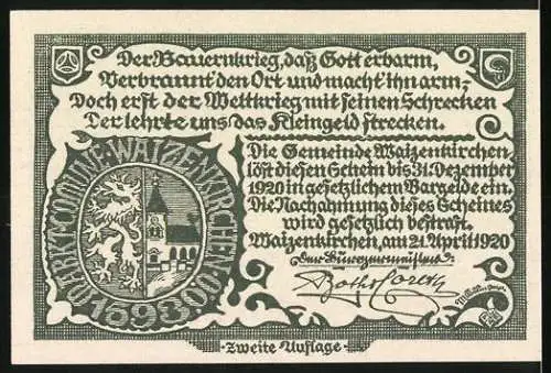 Notgeld Waizenkirchen 1920, 10 Heller, Burgansicht und Wappen, zweite Auflage