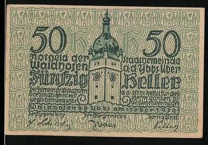 Notgeld Waidhofen an der Ybbs 1920, 50 Heller, Stadtturm-Motiv