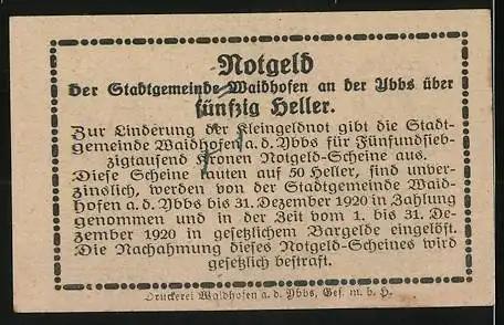 Notgeld Waidhofen an der Ybbs 1920, 50 Heller, Stadtturm-Motiv