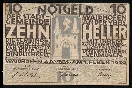 Notgeld Waidhofen an der Ybbs 1920, 10 Heller, Stadttor mit Wappen und Schriftzüge