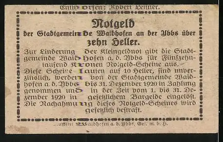 Notgeld Waidhofen an der Ybbs 1920, 10 Heller, Stadttor mit Wappen und Schriftzüge