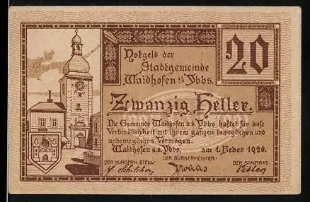 Notgeld Waidhofen an der Ybbs 1920, 20 Heller, Stadtturm und Stadtbeschreibung