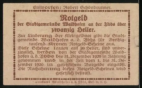 Notgeld Waidhofen an der Ybbs 1920, 20 Heller, Stadtturm und Stadtbeschreibung