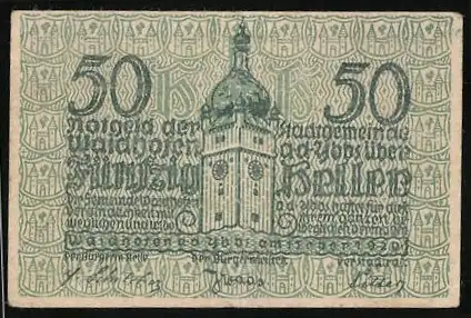 Notgeld Waidhofen an der Ybbs 1920, 50 Heller, Kirchturm-Motiv