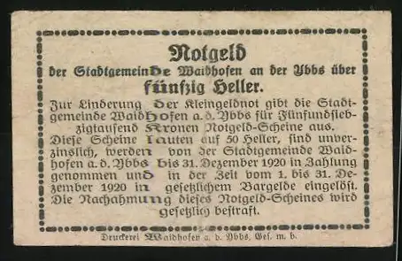 Notgeld Waidhofen an der Ybbs 1920, 50 Heller, Kirchturm-Motiv