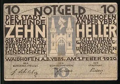 Notgeld Waidhofen an der Ybbs 1920, 10 Heller, Tor mit Türmen und Text über Ausgabe von Notgeld