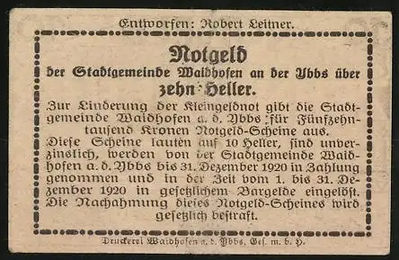 Notgeld Waidhofen an der Ybbs 1920, 10 Heller, Tor mit Türmen und Text über Ausgabe von Notgeld