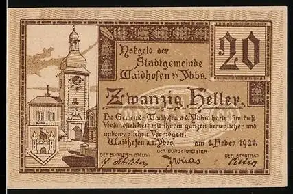 Notgeld Waidhofen an der Ybbs 1920, 20 Heller, Stadtturm und Textmotiv