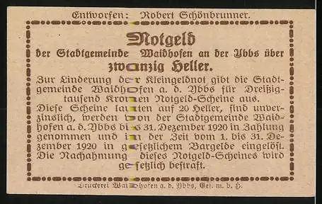 Notgeld Waidhofen an der Ybbs 1920, 20 Heller, Stadtturm und Textmotiv