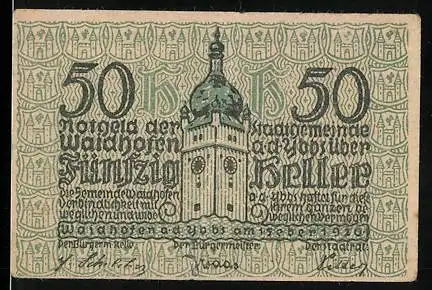 Notgeld Waidhofen an der Ybbs 1920, 50 Heller, Kirchturmmotiv und gotisches Muster