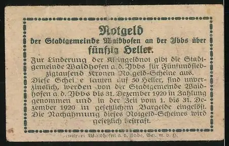 Notgeld Waidhofen an der Ybbs 1920, 50 Heller, Kirchturmmotiv und gotisches Muster