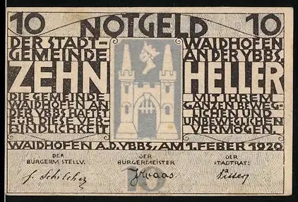 Notgeld Waidhofen an der Ybbs 1920, 10 Heller, Stadttor-Motiv mit Text und Signaturen