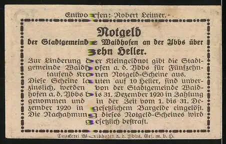 Notgeld Waidhofen an der Ybbs 1920, 10 Heller, Stadttor-Motiv mit Text und Signaturen