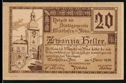 Notgeld Waidhofen an der Ybbs 1920, 20 Heller, Stadtturm und Schrifttext