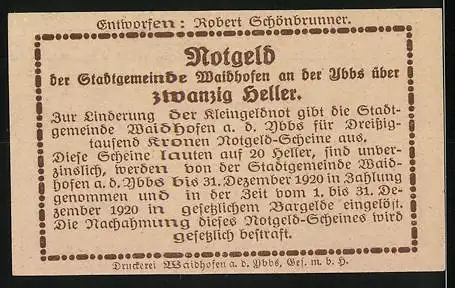 Notgeld Waidhofen an der Ybbs 1920, 20 Heller, Stadtturm und Schrifttext